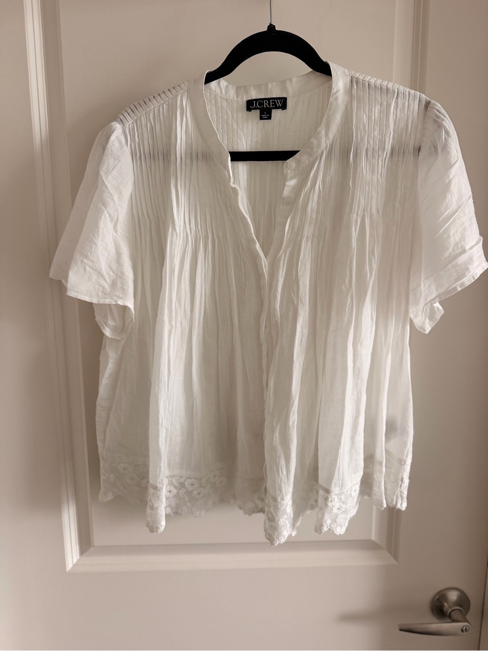 J. Crew White Pintuck Short-Sleeve Lace-Hem Blouse
